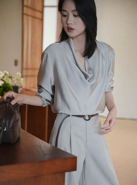梁咏珊/旧时光的涟漪/简约百搭荡领气质衬衫女优雅长袖宽松上衣