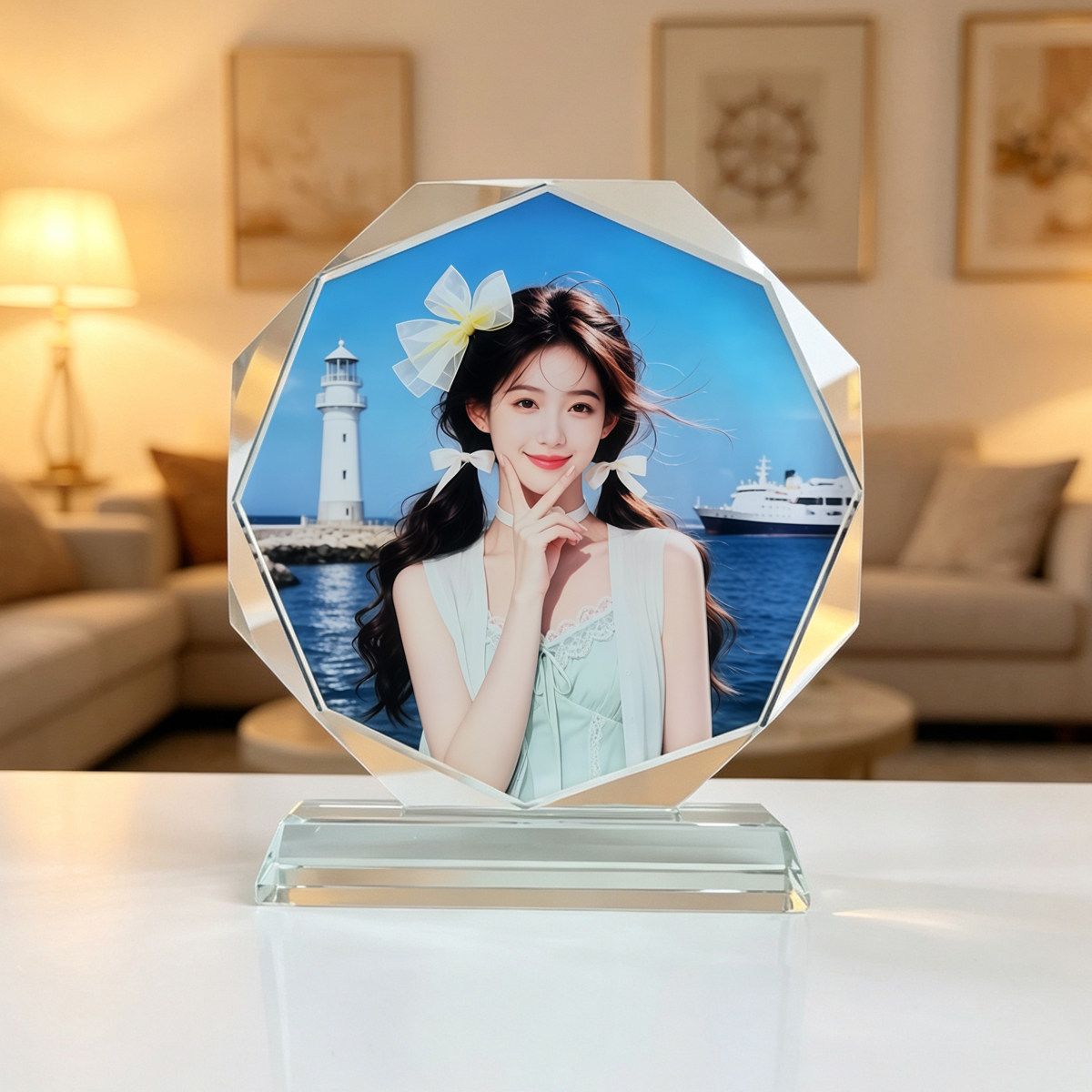 定制彩绘照片八角款水晶玻璃摆台毕业纪念创意画礼品生日结婚纪念