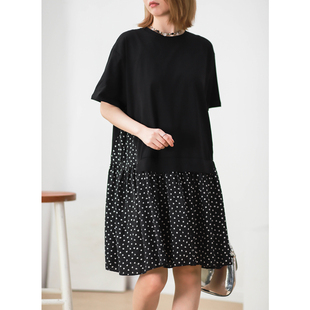 棉T拼点点雪纺短袖 A字娃娃裙 连衣裙8131 小个子宽松短袖 菲尔丹