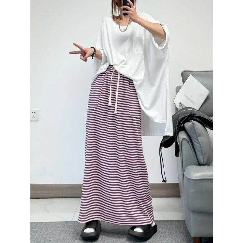 超长半身裙A长条纹棉日韩休闲