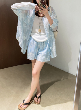 菲尔丹 巨值宽松立体刺绣提花长袖天丝衬衫+松紧腰短裤两件套8509