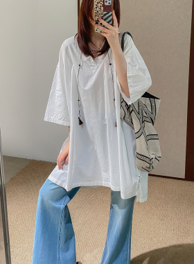 菲尔丹 港风大版廓形V领落肩短袖宽松衬衫超大版文艺纯色衬衫1036