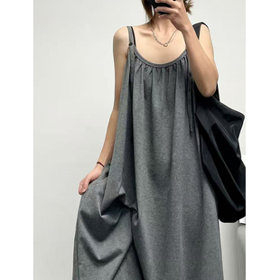 菲尔丹 简约长裙港味原宿风洗水棉吊带低U领A字宽松长款连衣裙309