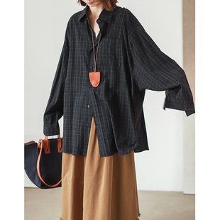 菲尔丹 港风休闲廓形双色格纹长袖衬衫 日韩系百搭棉格衬衫0002