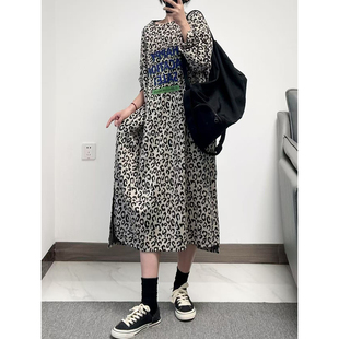 菲尔丹 秋冬新款豹纹印花舒适质感棉宽松大版圆领长袖连衣裙816