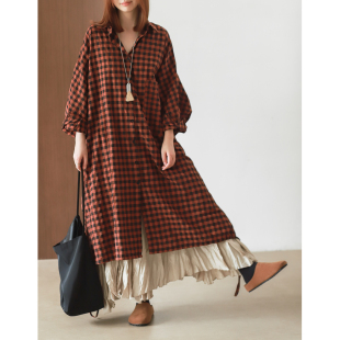 宽松大衬衫 洗水棉耐看格纹翻领大版 连衣裙9022 日系文艺风 菲尔丹