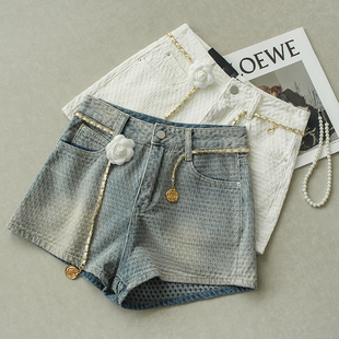 高腰水洗短裤 小香风肌理菱格质感棉料 女6185 真编织面料 菲尔丹