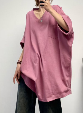 港风简约宽松纯棉短袖大版长T恤