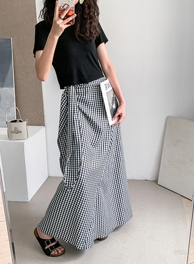 菲尔丹 高个子版 露腰镂空黑色短袖T+侧绑带格子长裙度假套裙2098