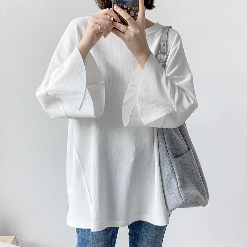 气质荷叶袖宽松t恤 韩版侧线斜切显瘦宽松大码棉七分袖上衣t女963