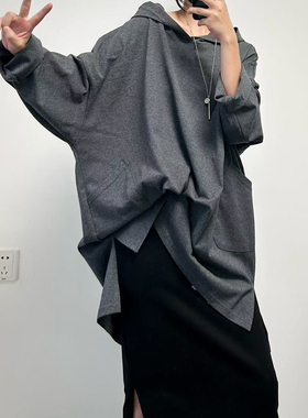 菲尔丹 文艺港风慵懒落肩大口袋宽松连帽纯色长袖大版长T恤衫431