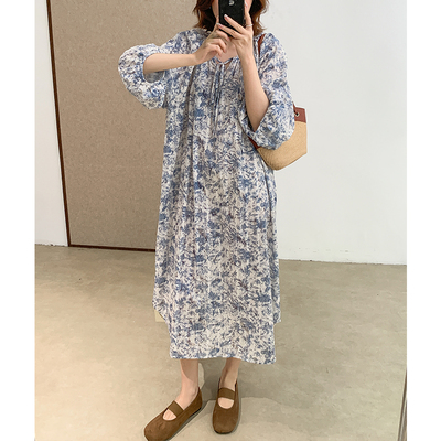 淡人文艺风青瓷花灯笼袖连衣裙