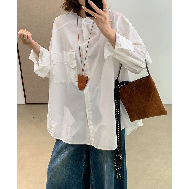 宽松纯棉排扣圆领长袖衬衫春夏