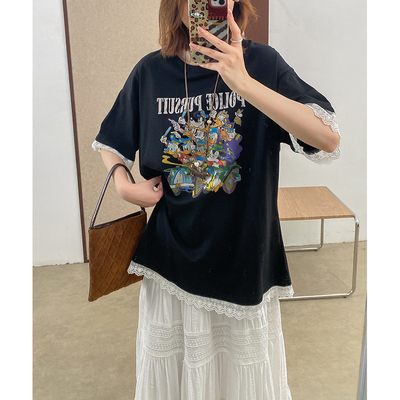 薄棉蕾丝花边圆领短袖宽松中长T