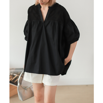 宽松廓形休闲简约V领短袖蕾丝拼