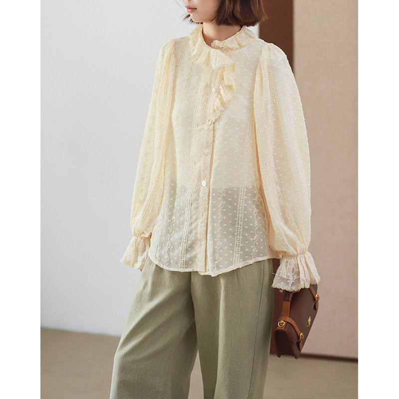 菲尔丹 精致感法式温婉点点纱小荷叶领长袖衬衫 秋冬打底衬衫8102