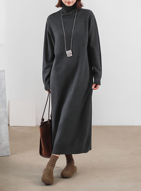 菲尔丹 高阶版 版型好 舒适服帖螺纹高领柔软长袖针织连衣裙8157