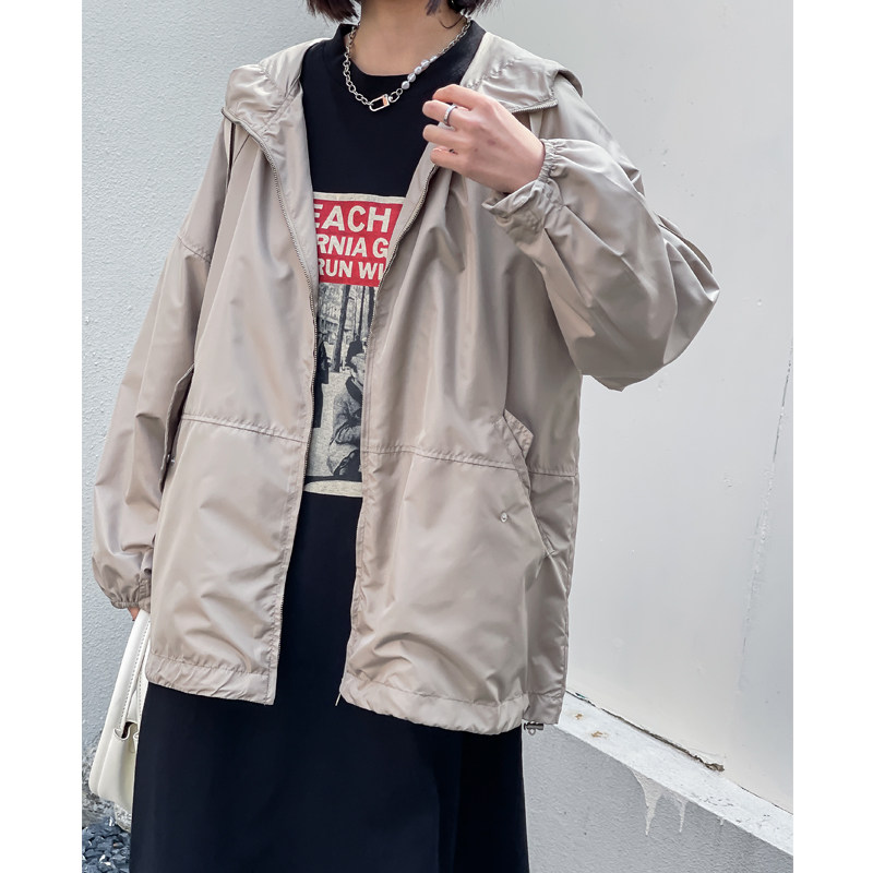 日常休闲百搭拼接设计抽绳连帽插肩袖宽松中长款风衣外套女HG150