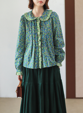 菲尔丹 韩订小众甜美娃娃领绿碎花长袖衬衫 捏褶木耳边衬衫90059