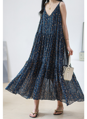 韩国丝面料孔雀花 带里衬吊带蛋糕层拼接连衣裙 宽松打底长裙4241