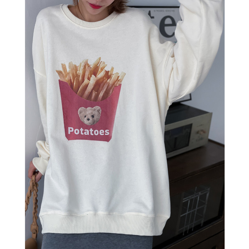 韩国薯条做旧印花卫衣套头圆领