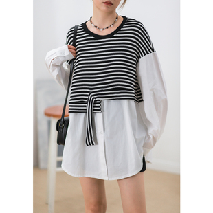 宽松盖臀下衣失踪2865 长衬衫 菲尔丹 港味小众针织条纹拼白色长袖
