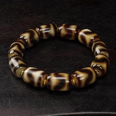 20265A级黑金天然玛瑙西藏虎牙三眼天珠DIY散珠项链良品上肯12*16