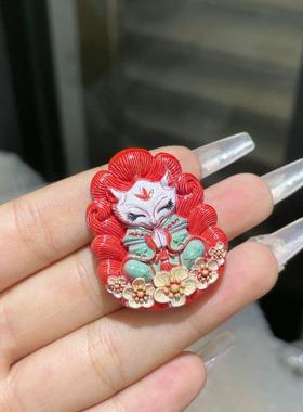 2026朱砂彩绘九尾狐吊坠男女款狐狸挂件饰品中国风新中式红砂项链