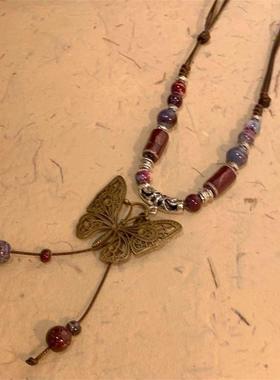 2026中式国风复古民族铃铛古风吊坠蝴蝶陶瓷项链潮长款毛衣链配饰