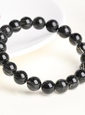 2026蓓蓓福 天然黑发晶圆珠手链 满体顺发黑发晶手串黑色发丝手链