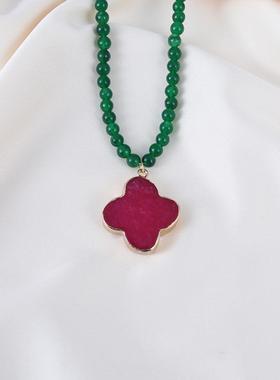 2026新中式复古祖母绿玛瑙项链吊坠耳坠女 ins风花形毛衣链耳钉首
