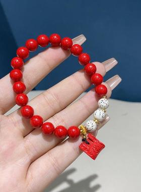 2026朱砂红砂小锁加星月菩提手串简约小众设计百搭红色手链男女款