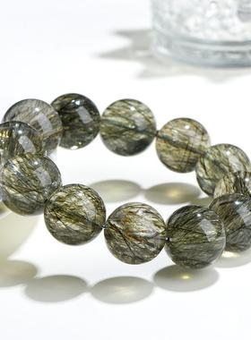 2026久雅水晶 天然级碧玺绿发晶圆珠手链 老矿深绿色粗发晶散珠手