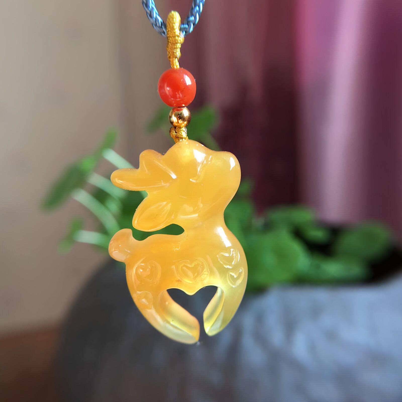 一鹿有你琥珀蜜蜡项链吊坠 毛衣链配件生日礼物送女友Q萌自制