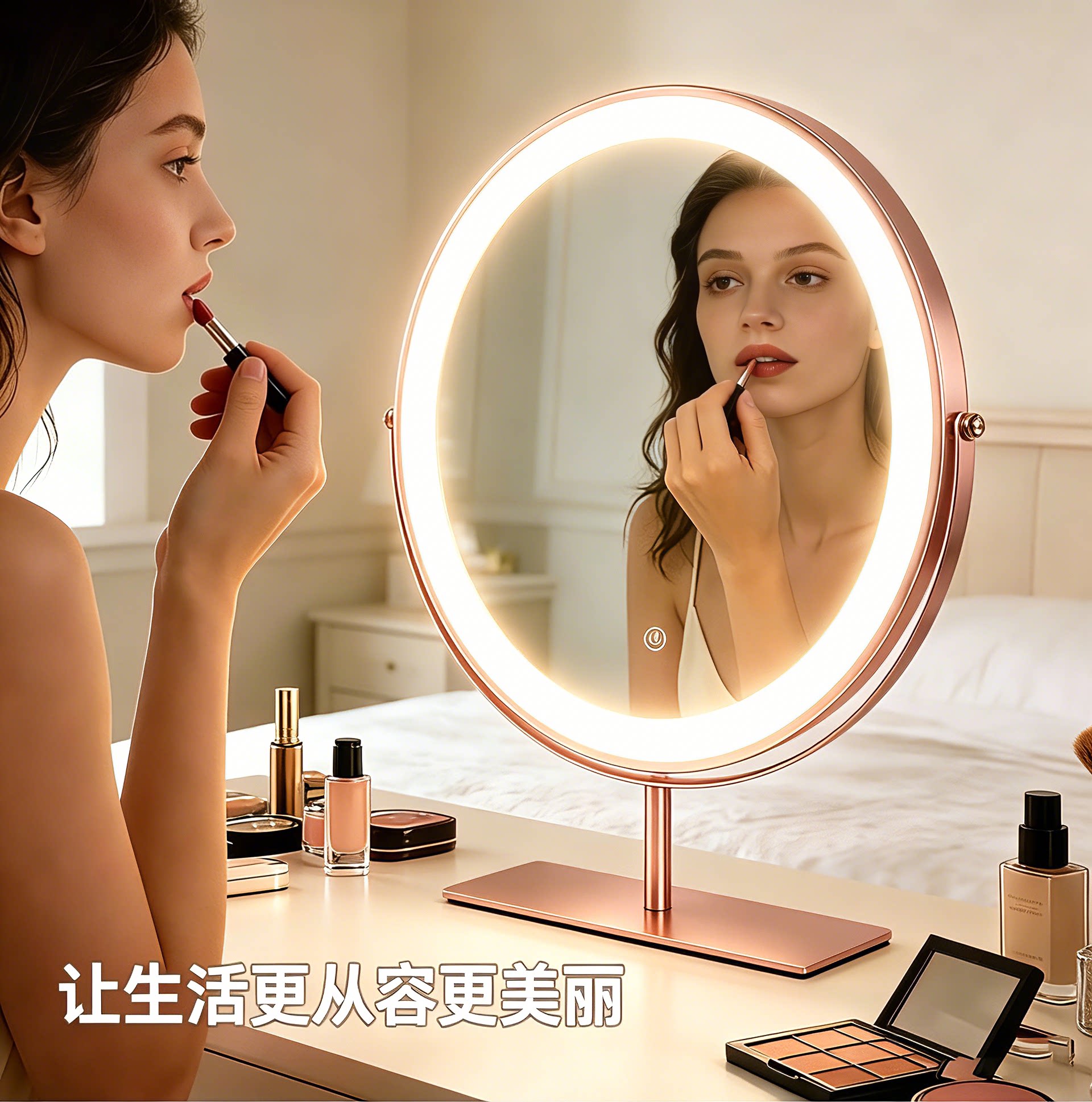 带灯的化妆镜360°旋转高清镜面桌面大号梳妆镜台式梳妆台镜ins风