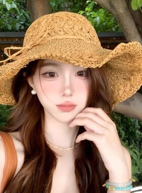 夏季编织镂空草帽女出游海边沙滩遮阳防晒大檐柳叶可折叠帽子