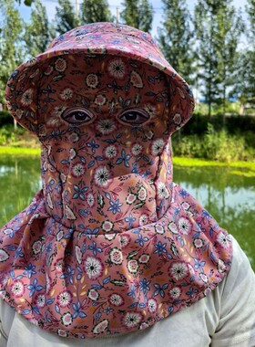 新款碎花格子遮阳帽户外采茶护全脸下地干活遮挡紫外线护颈大檐帽