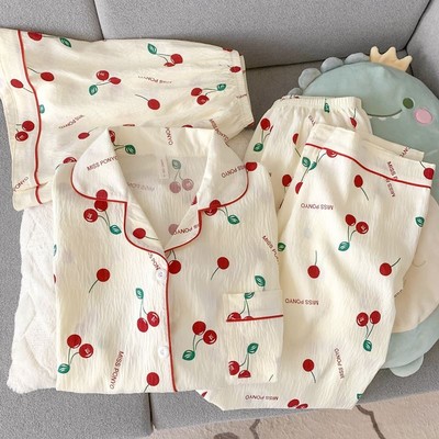 纯棉纱布睡衣女短袖长裤夏款三件套甜美樱桃外穿开衫家居服春秋季