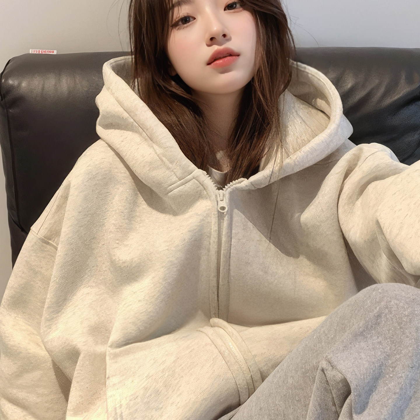 极简风加绒加厚连帽拉链卫衣女潮图片