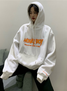 港风oversize2021新款秋冬白色加绒加厚连帽慵懒风cec卫衣女宽松