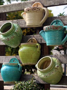 欧式创意透气壁挂花盆复古做旧陶瓷阳台多肉挂式墙壁装饰吊兰花盆