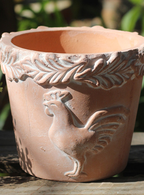 创意北欧复古粗陶土培家居绿植庭院阳台花园花卉浮雕陶艺红陶花盆