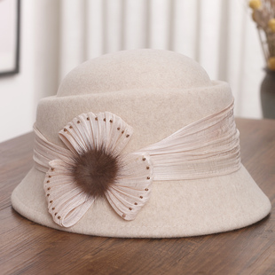 法式羊毛礼帽女秋冬高档真丝麻立体花朵毛呢渔夫帽显脸小气质盆帽