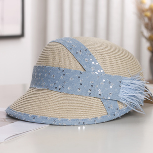 韩版牛仔亮片羽毛装饰草编马术帽女夏季时尚百搭防晒鸭舌帽遮阳帽