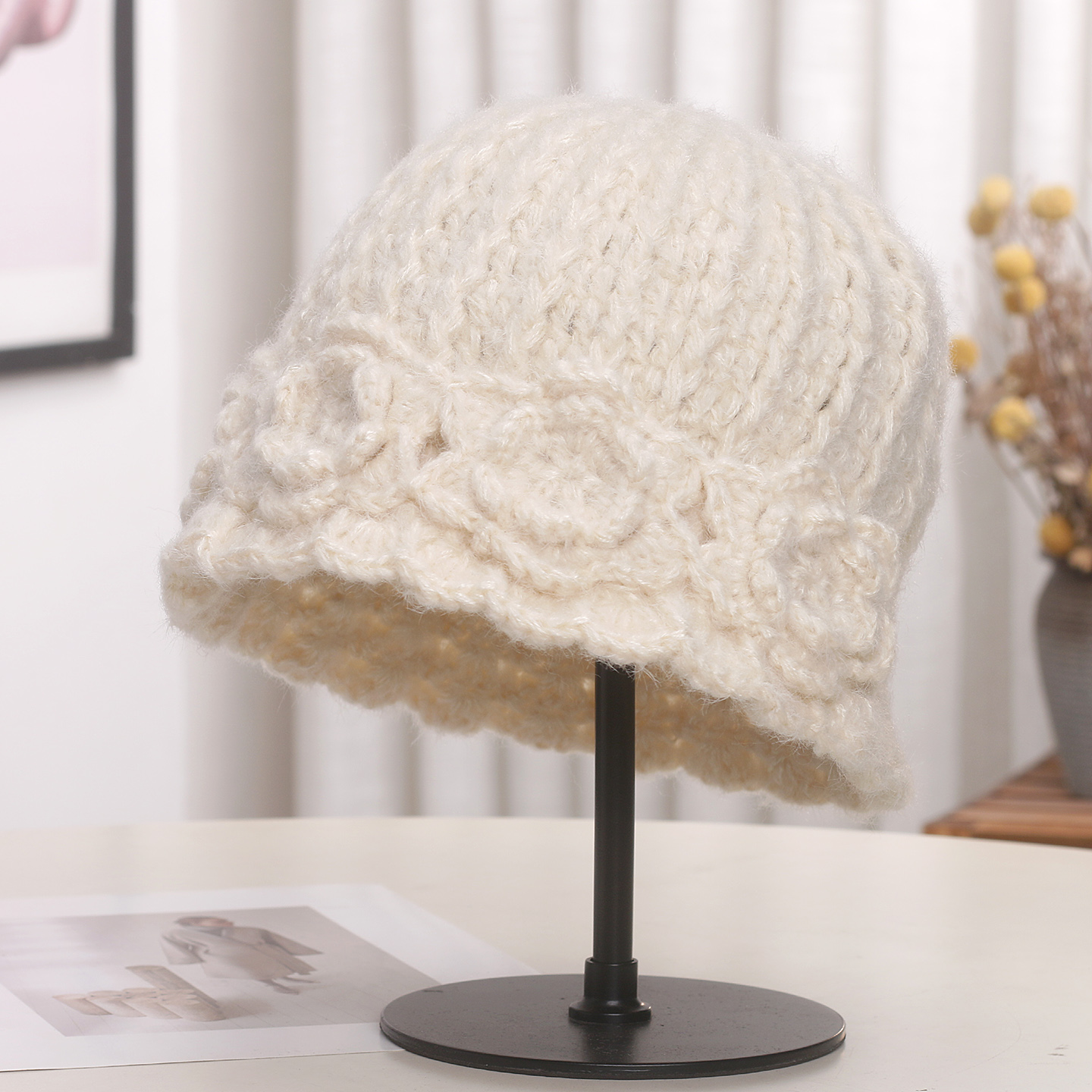 日系新款立体花朵针织水桶帽女