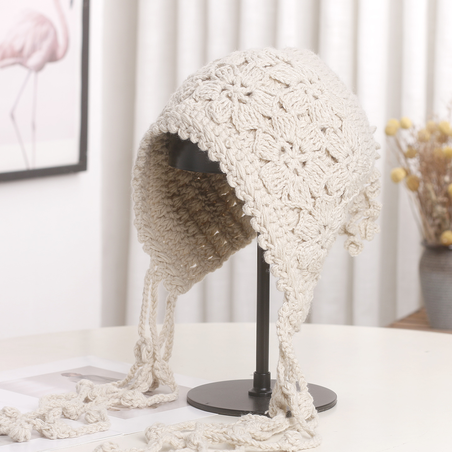 花朵流苏毛线帽护耳显脸小