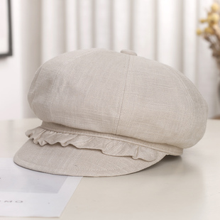 日系复古棉麻绒褶皱边八角贝雷帽子女春夏百搭显脸小氛围感画家帽