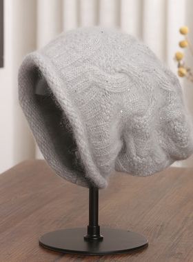 兔绒毛线帽子女秋冬保暖卷边堆堆帽显脸小时尚防寒护耳针织0117k