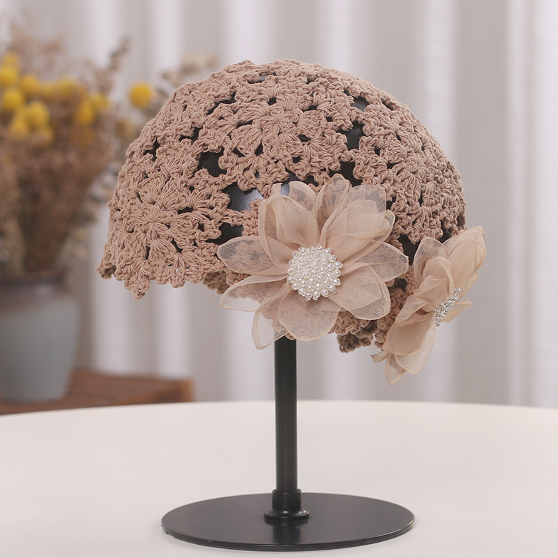 春夏新款甜美花朵镂空包头帽女手工编织钩花头巾帽复古针织瓜皮帽