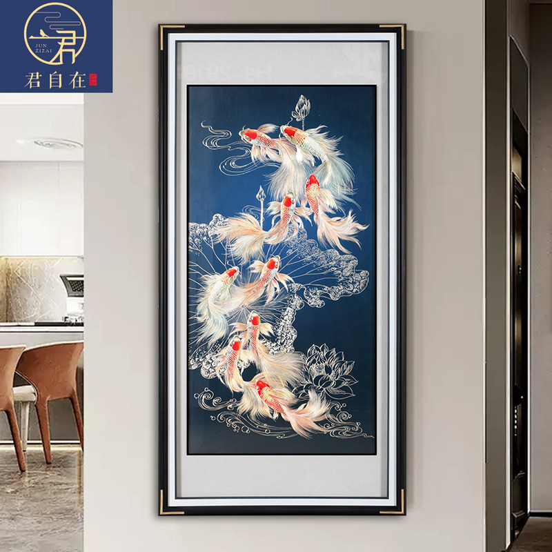 荷花九鱼聚福手工铜板装饰画高档入户玄关墙壁挂画新中式铜雕画图片